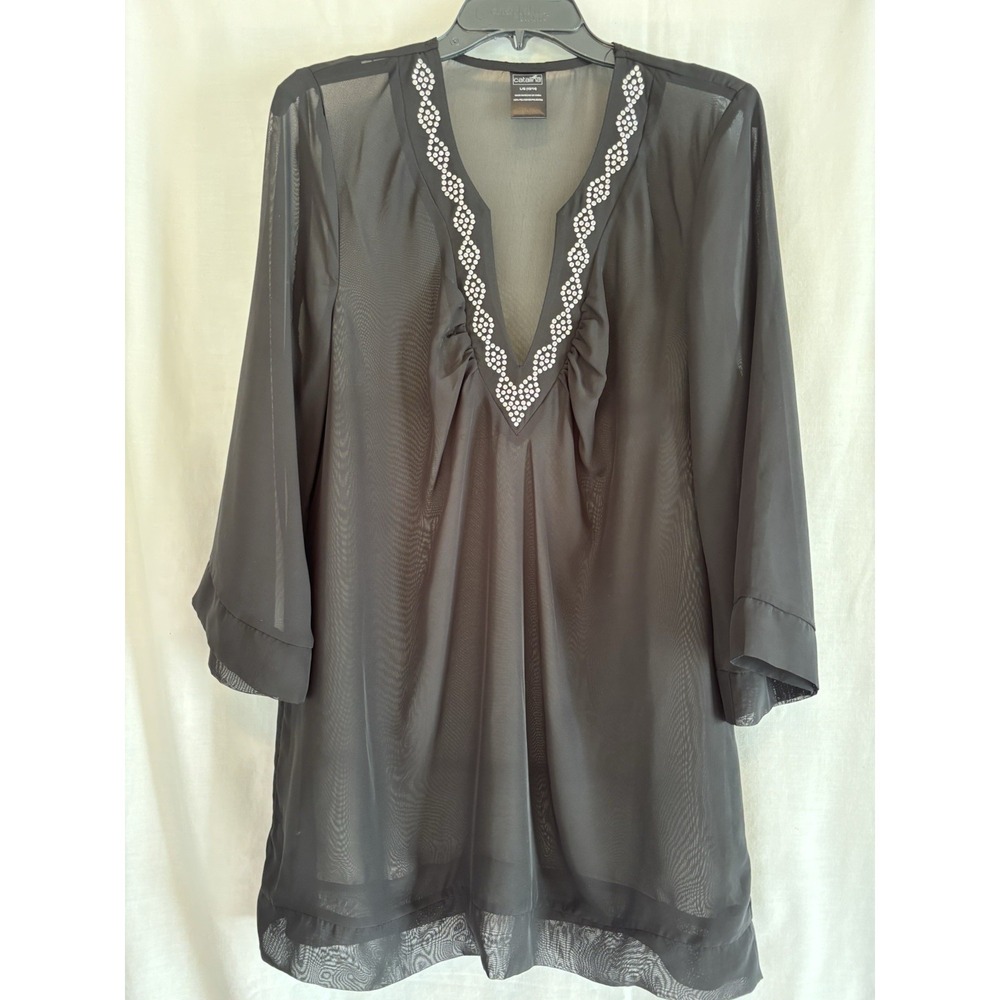 Catalina Women's Black Sheer Chiffon Beaded V-Neck Blouse 3/4 Sleeve L